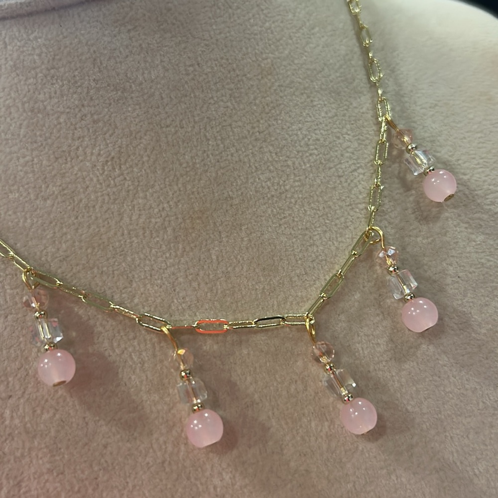 Dainty Five Rose Quartz and Crystal Necklace-Boutique